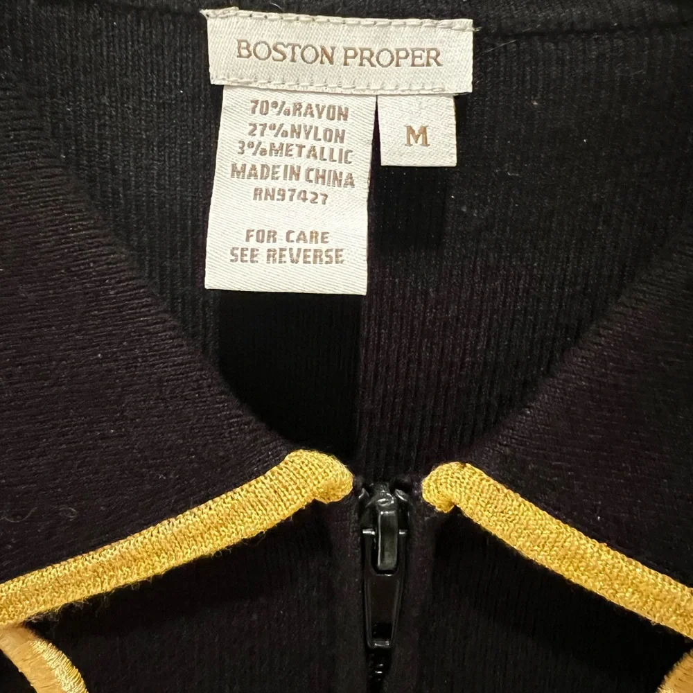 CLEARANCE NWOT Boston Proper W Medium Metallic Gold Design Zip Collared Sweater! - Picture 7 of 9
